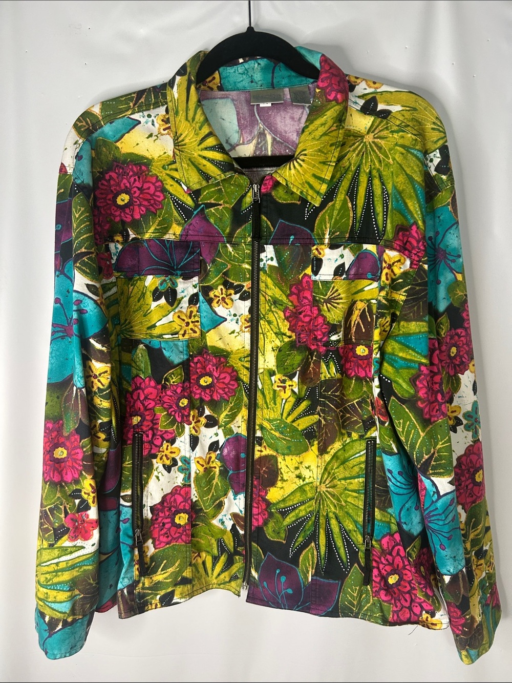 Chico's Floral Zip Jacket in Green, Pink & Teal